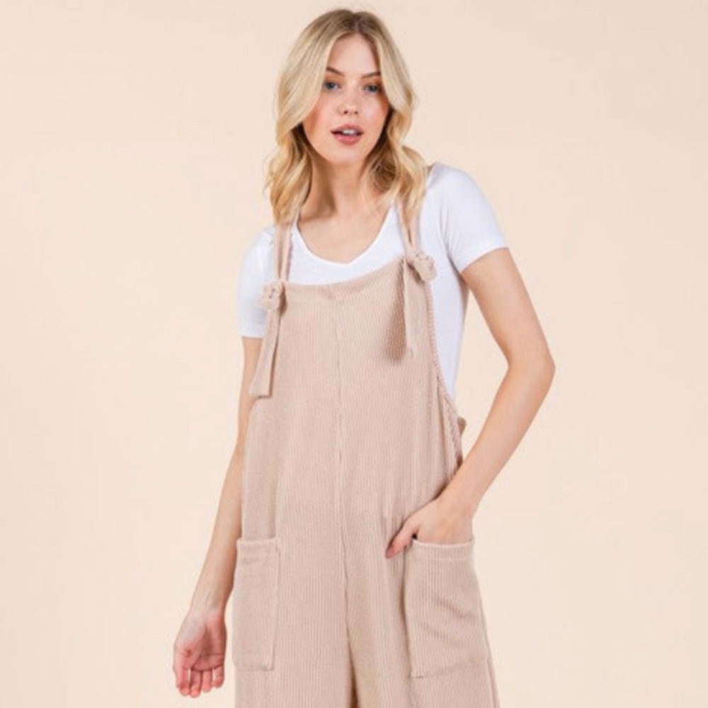 BOMBOM Knot Straps Wide Leg Ribbed Overalls with Pockets